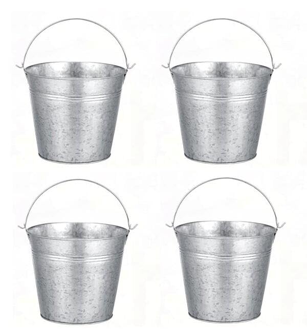 HosleySet of 4 Galvanized Metal Bucket with Liner 3.66 Inch High. Ideal Gift for Wedding House Warming Floral Planter DIY Craft Home Office Party Garden Patio