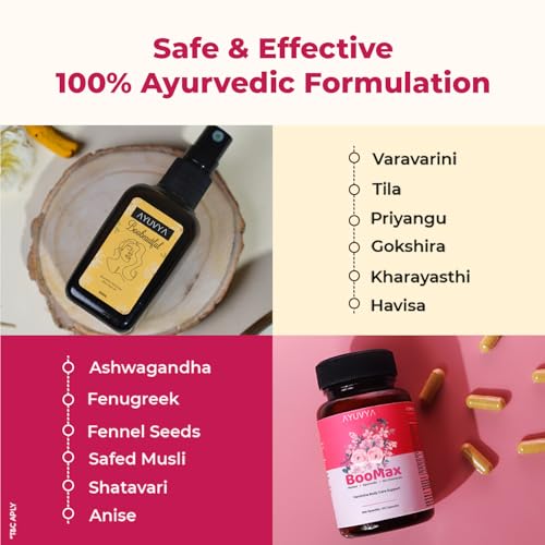 Image of Ayuvya Ayurvedic BooBeautiful Oil & Boomax Capsules for Women | 100% Ayurvedic Formula | 60 Capsules | 50 ML | Pack of 2 | As Seen on Shark Tank