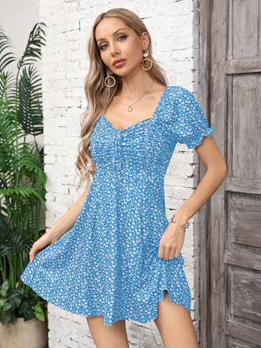 Image of Missufe Women's Puff Short Sleeve Drawstring Ruched Front Fit and Flare Floral Summer Casual Short Dress