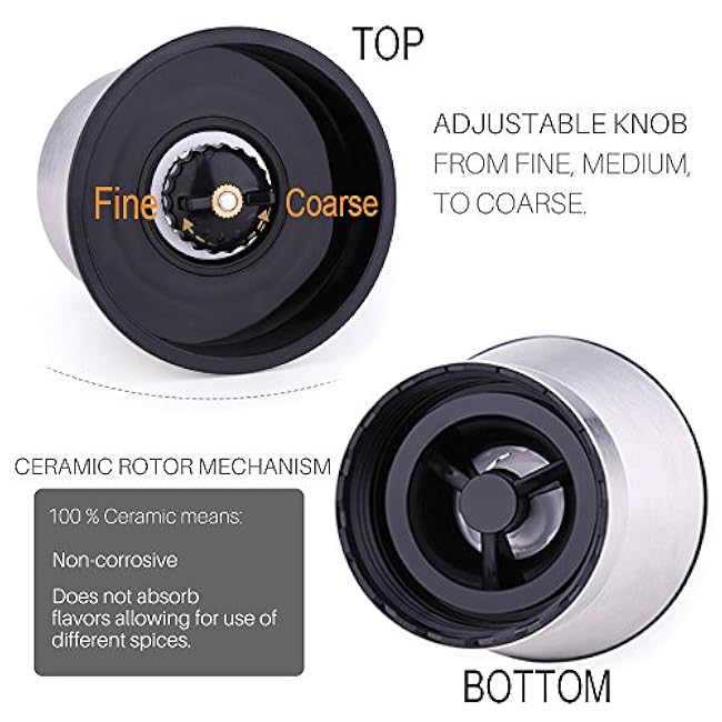 Salt and Pepper Mills with Matching Stand- Amison Stainless Steel Salt and Pepper Grinder Mill Set - 5 Grade Precision Adjustable Ceramic Rotor with Funnel (2 Pack Pepper Mills)