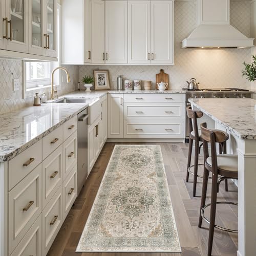 Madane Washable Runner Rug - 2x6 Rug Runners for Hallways 6 Foot Non Slip Vintage Kitchen Runner Rug Ultra-Thin Bathroom Runner Rugs Carpet Laundry Room Bedroom (2x6ft, Light Taupe Brown)