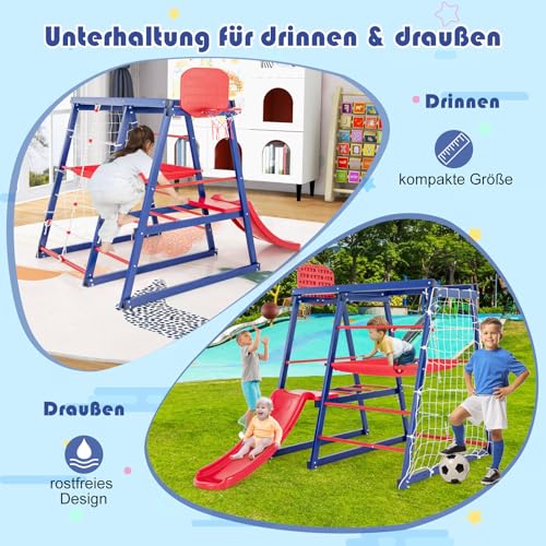 DREAMADE Metall Klettergerüst Outdoor, 150x142x146cm Spielturm Garten, Outdoor Kinder Kletterturm mit Rutsche & Kletternetz & Krabbelleiter & Strickleiter & Basketballkorb für Kinder ab 3 Jahren