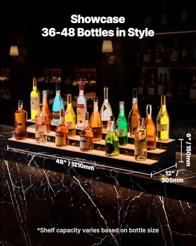 Image of VEVOR LED Lighted Liquor Bottle Display, 3 Tiers 48 inches, Acrylic Illuminated Home Bar Shelf Display with RF Remote & App Control, DIY Setup with Type-C Cables, 9 Static Colors, for 36-48 Bottles