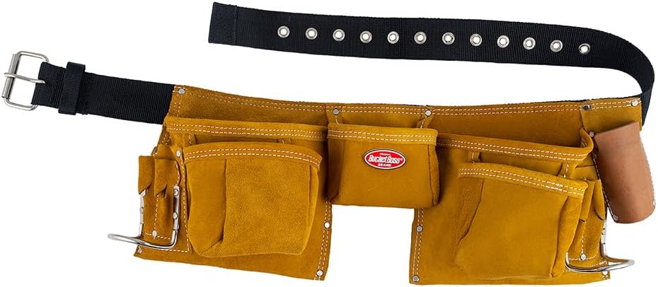 Bucket Boss 3 Tool Bag Suede Leather Tool Apron Tool Belt, with Sewn-On Belt and Steel Roller Buckle Fits Up To 42 in. Waist Size, in Tan, 55149