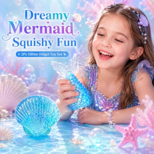 2Pc Glitter Mermaid Squishy Fidget Toys, Malt Sugar Sensory Fidget Toys for Girls, Squishies Slow Rising Squeeze Ball Set for Stress Relief, Summer Classroom Prizes & Party Favors Gift for Kids Adults - Image 2