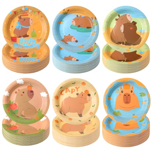 Image of Funnymoom 60 Pcs 7 Inch Capybara Birthday Paper Plates Cartoon Cute Capybara Disposable Dessert Plates Animal Party Decorations for Animal Birthday Baby Shower Summer Pool Party Supplies