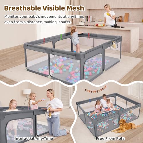 Image of Dripex Baby Playpen, 71 inchx59 inch Large Play Pen for Babies, Light Grey | Included Portable Bag / Pull up Rings, Breathable Visible Mesh, Anti-Fall Design, Easy Setup, Indoor /Outdoor Use