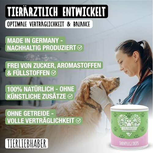 TIERLIEBHABER Darmpflege Drops – 350g (115 Stück) – Darmkur für Hund Darmflora aufbauen – Hundeleckerlies zum Magenschutz für Hunde – Hunderunde Futtertopping Hunde Leckerli – Darmsanierung Hund