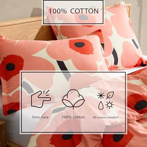 Image of MARIMEKKO - Queen Duvet Cover Set, Soft Cotton Bedding for Year Round Comfort, 3 Piece Floral Bed Set with Matching Pillowcases (Unikko Coral Pink)