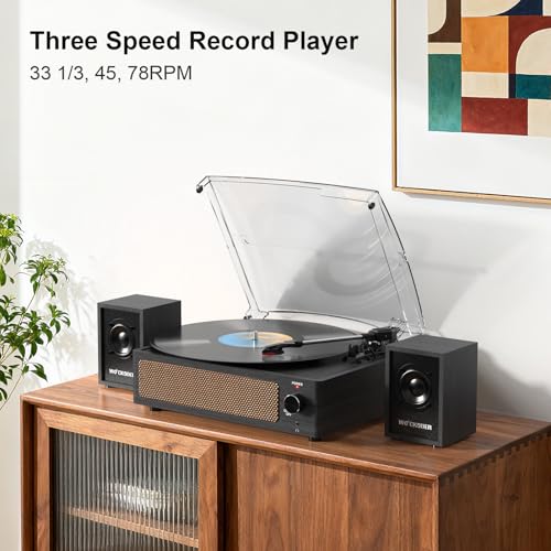 Image of Record Player with Passive Bookshelf Speakers Belt-Drive Vintage Turntable for Vinyl Records External Dual Stereo Speakers LP Players 3 Speed Wireless AUX Headphone Input Auto Stop Retro Black Wooden