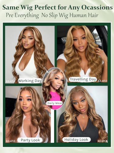 Image of KLAIYI Bye Bye Slip Ombre Highlight Honey Blonde Glueless Precut 7x5 Lace Front Loose Body Wave Wig Human Hair Drawstring Pre Plucked Bleached Knots Pre Everything 30S Ready to Wear and Go Wig 22Inch