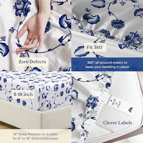 Image of Mayfair Linen Organic Cotton Sheets Twin Size, 16 inch Deep Pocket, Floral Blue