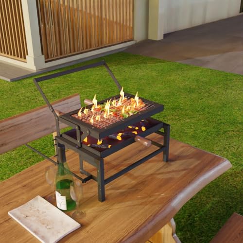 Image of COGO FLIP Large BBQ | Tongs & Oil Brush | Flipping Mechanism | Adjustable 4 Heat Levels | 17 x 22 x 19 inch | Lightweight & Strong Metal Frame | Home Charcoal Grill | Outdoor Barbeque | Colour: Black