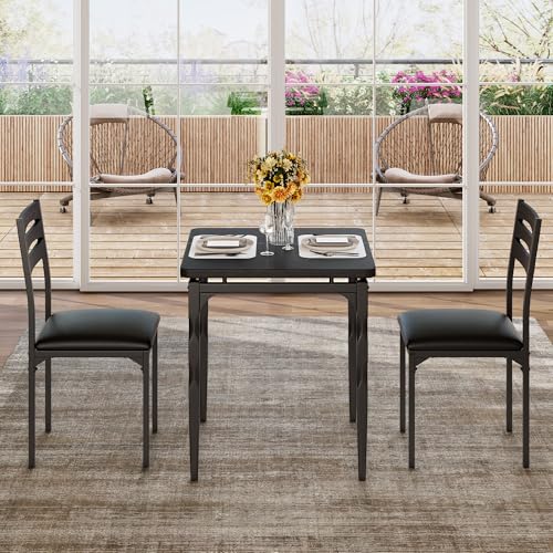Image of Garvee 3 Piece Dining Table Set, Farmhouse Style Dining Table and Chairs Set for 2, Dining Set for Dining Room Kitchen Apartment, Black