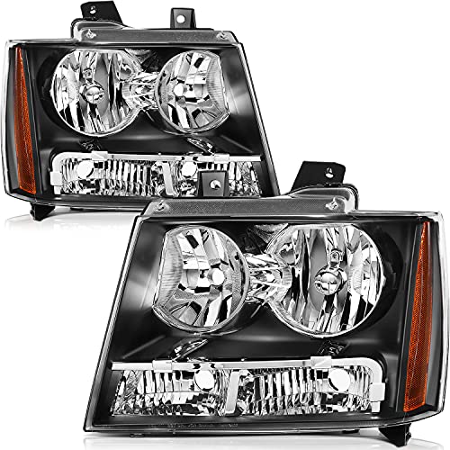 CCIYU Headlight Assembly For Chevy Avalanche 2007-2013,For Suburban 1500 2007-2014,For Suburban 2500 2007-2013 Black Housing Amber Reflector Clear Lens Headlamps