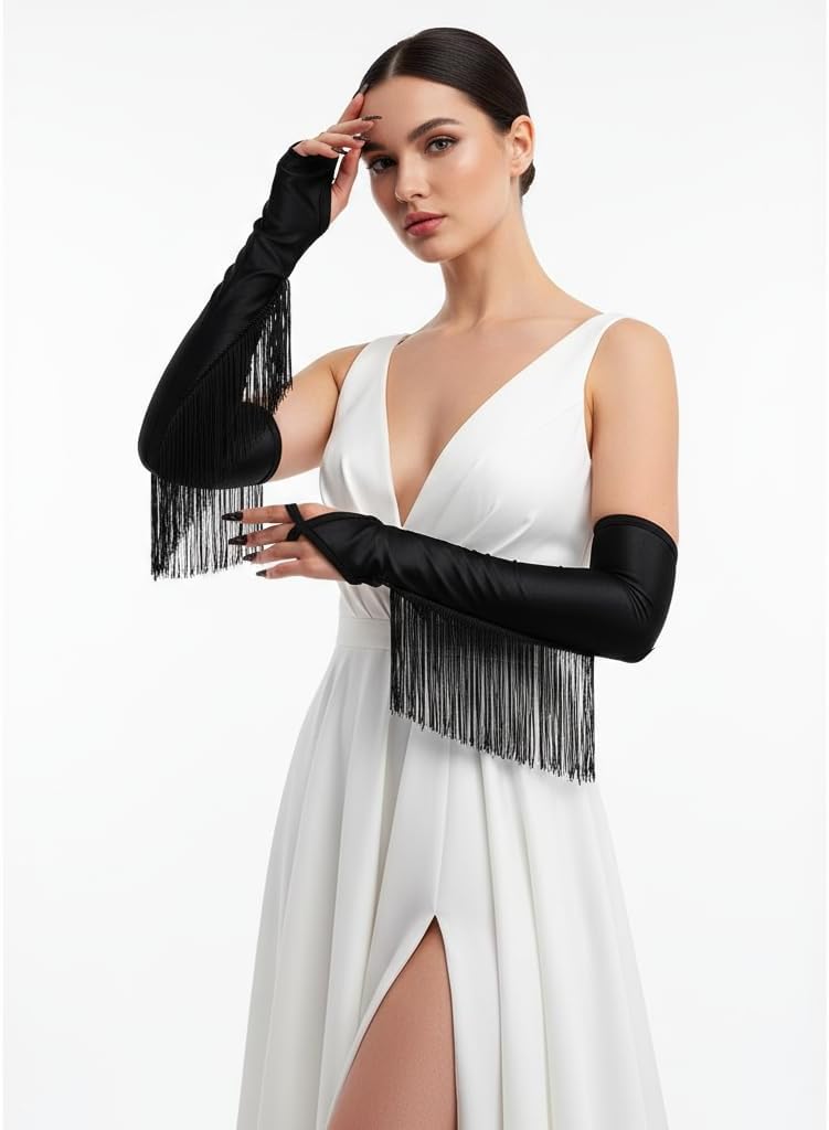 Fingerless Vintage Opera Gloves Long Tassel Satin Glove Fringe Gloves Pageant 1920s Party Costume for Women and Girls - Image 2