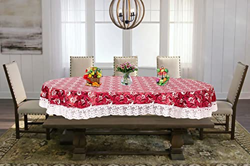 Image of The Furnishing Tree Waterproof PVC Oval Shaped 8 Seater Table Cover WxL 60x90 inches Floral Pattern Magenta with White Border lace