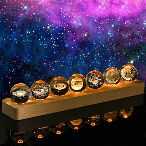 Set of 7 Planet Crystal Ball Night Light 1.57-inch Solar System Galaxy Decorative Balls with LED Wooden Base for Meditation Positive Energy Decor