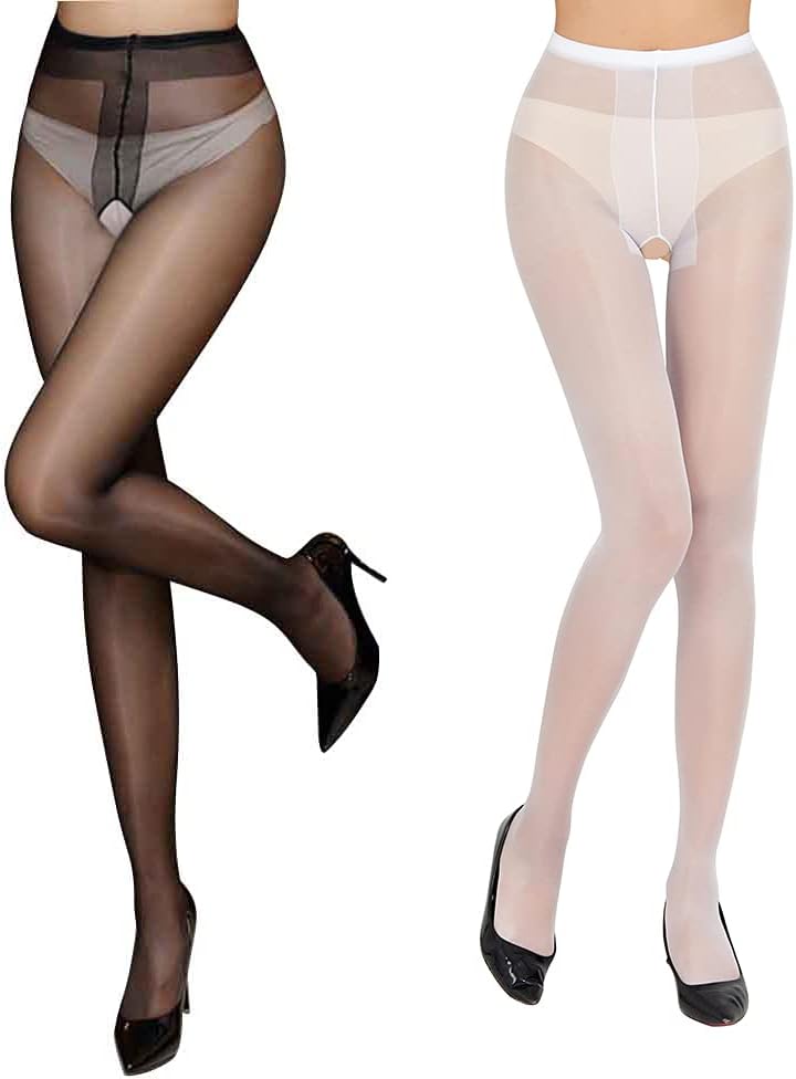 Sexy Crotch Pantyhose for Women Thigh High Silky Stockings Sheer Control Top Tights | 12 Denier