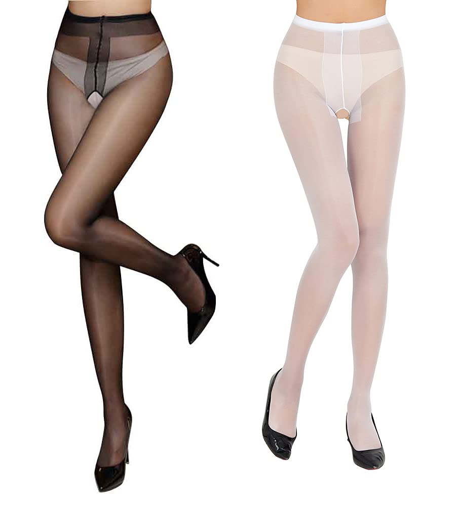 KLONKEESexy Crotch Pantyhose for Women Thigh High Silky Stockings Sheer Control Top Tights | 12 Denier