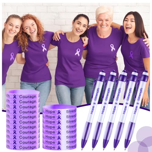 Image of Qilery 120 Pcs Purple Ribbon Awareness Items Gifts Set - Alzheimer's Lapel Pins, Epilepsy Awareness Bracelets, Domestic Violence Pens, Organza Bags for Lupus Pancreatic Cancer Survivor Event Charity