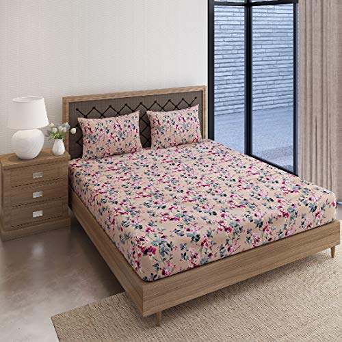 Image of Swayam Pure Cotton Double Bedsheet with 2 Pillow Covers | Size 90 x 100 inch | 160 TC | Floral Design | Soft Breathable Bed Sheet | Comfortable & Durable for Bedroom - Beige