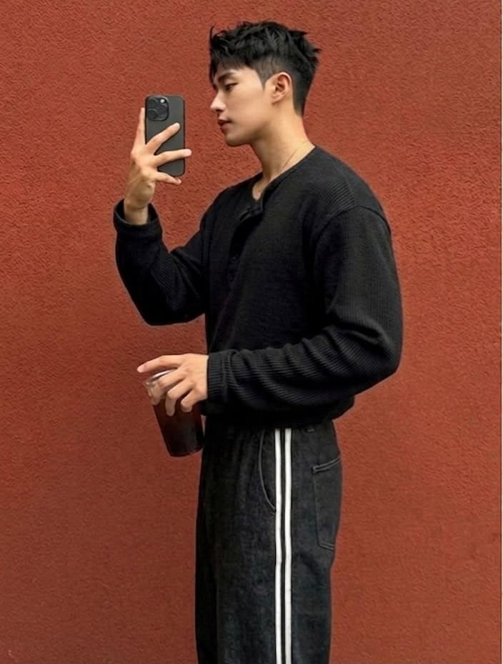Image of Men's Textured Fabric Solid Half-Open Collar T-Shirt | Full Sleeve, Casual Shirt