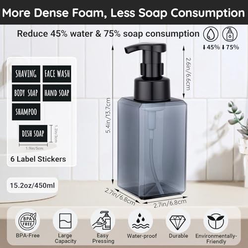 Image of Segbeauty Empty Foam Soap Dispenser Pump Bottles 15.2oz 2pcs, Refillable Foaming Hand Soap Dispenser, 450ml Gray Foam Bottle with Waterproof Stickers, Plastic Square Liquid Foaming Container BPA Free