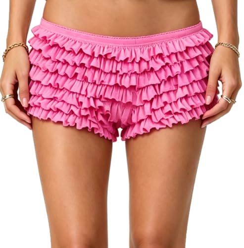 Image of Yiulangde Women Lace Bloomers Layered Ruffle Mini Shorts Y2k Pettipants | Shorts Women,Lolita Ruffled Bloomer Shorts for Under Skirts,Fluffy Booty Shorts,Rave Boy Short Panties,Going out Bottoms