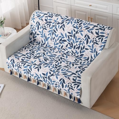 Image of HOKIPO Sofa Cover with Tassel for 2 Seater Sofa | Full Protection for Seat and Back | Printed Holland Velvet Fabric | 'Whispers of Nature' (160x120 cm), Indigo Foliage (IN-1126-D10)