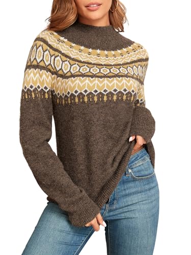 ZAFUL Women's Fair Isle Sweater Christmas Knitted Sweater Long Sleeve Floral Printed Pullover Tops