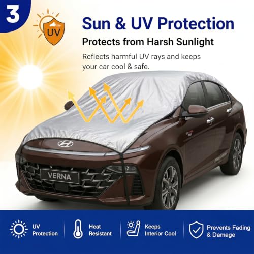 Image of Pivalo Half Car Body Cover for Sedan Cars (All Models & Years) | 100% Waterproof Outdoor UV & Heat All Weather Protection | Triple Stitched 3 Layer with Adjustable Straps Cover (Reflective Silver)