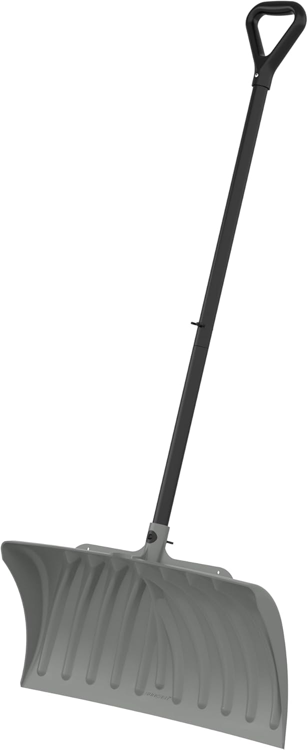 Suncast 27” Steel Core Snow Pusher with Curved Blade, D-Grip Handle, Steel Shaft, Heavy-Duty Snow Removal Tool for Effortless Clearing