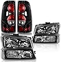 DWVO Headlight Assembly+Taillights Combo Compatible with 2003 2004 2005 2006 Chevy Silverado 1500 2500HD / 04 05 06 3500 Silverado / 2007 Silverado Classic Black Housing Headlight Clear Lens Taillight
