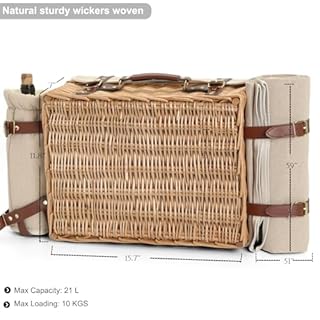 Multifunctional Wicker Picnic Basket Set for 2 with Blanket and Picnic Table, Insulated Picnic Set with Full Tablewares for Camping Outdoor Couples,Natural