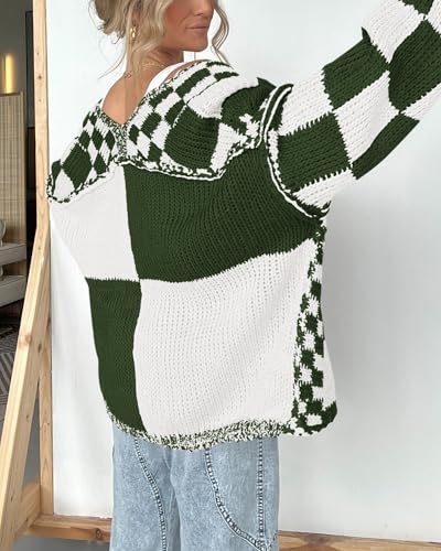 Image of BTFBM Casual Cardigan Sweater for Women Fall 2026 Long Sleeve Open Front Chunky Knit Sweaters Checkered Outwear Coat