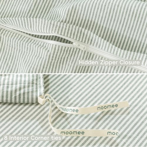 Image of MooMee Striped Duvet Cover Set 100% Washed Cotton Linen Like Queen | Relaxed Linen-like Texture. Soft, Breathable & Long-lasting Comfort. Lightweight. Hidden Zipper with 8 Interior Corner Ties