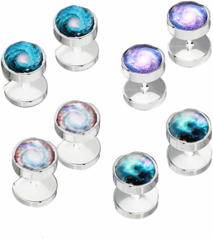 4 Pairs 10mm Galaxy Gauges Stud Earrings Set for Men Women Pierced Screw Dome Fake Tunnel Ear Plug Jewelry