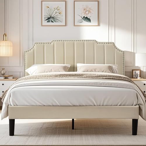 VECELO Cama Doble Acolchada 140 x 190 cm, Soporte para láminas de Madera, Tela Aterciopelada, fácil Montaje, Color Beige