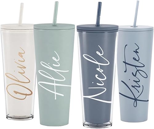 Vaso personalizado de doble pared con pajita de 24 onzas, vaso acrílico personalizado con pajilla, tapa y pajita, regalos personalizados para mujeres