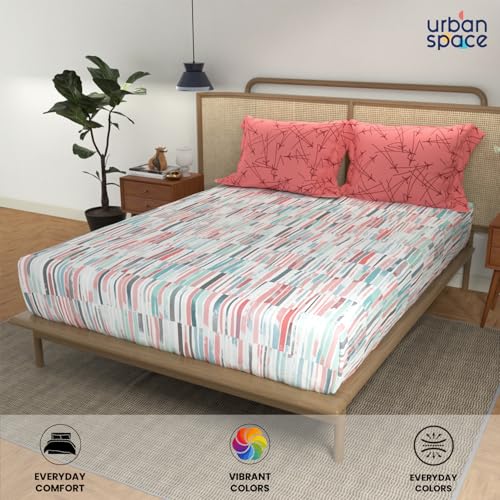 Image of Urban Space Divine Collection 144 TC 100% Cotton Double Bedsheet with 2 Pillow Covers, Stripes Pink