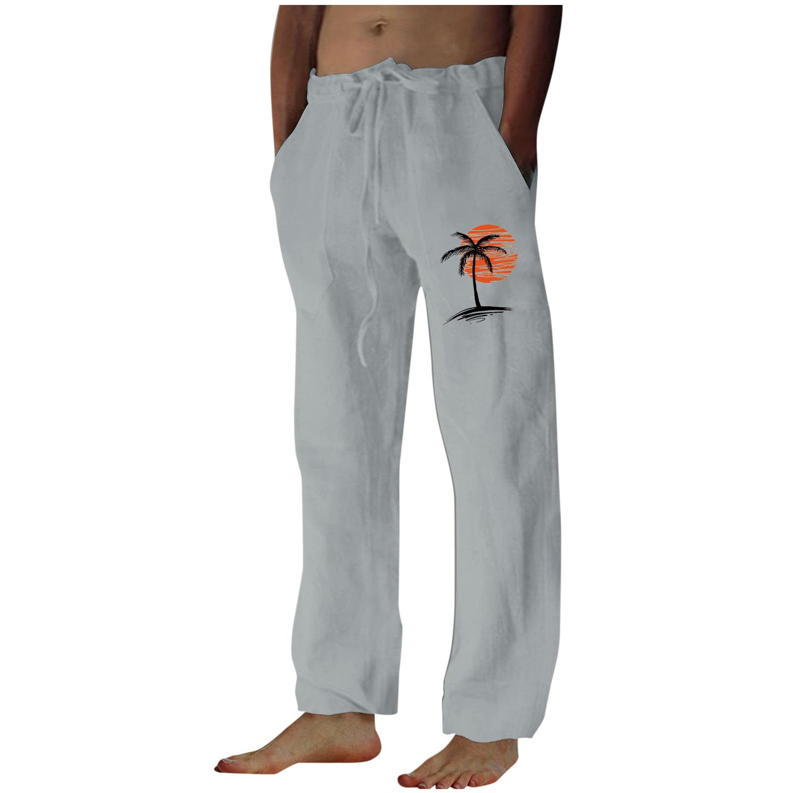 Pants for Men Straight Fit Linen Pants Mens Fashion Coconut Palm Trousers Male Summer Casual Beach Pant with