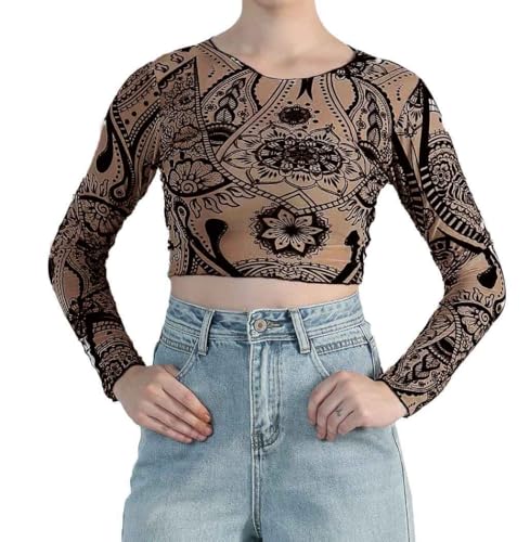 Image of ICW Women Long-Sleeves Round Neck Net Printed Transparent Mesh Sheer Crop Top T-Shirt DN38(Mix Print)