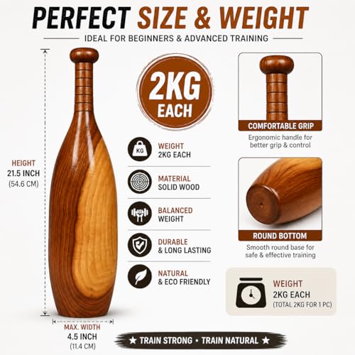 Image of Zain Sports Wooden Mugdar Indian Club 2Kg - Traditional Strength Training Equipment | Clubbell for Shoulder Mobility, Gada Exercise, Functional Workout Tool for Home Gym, Akhada & Wrestling Training