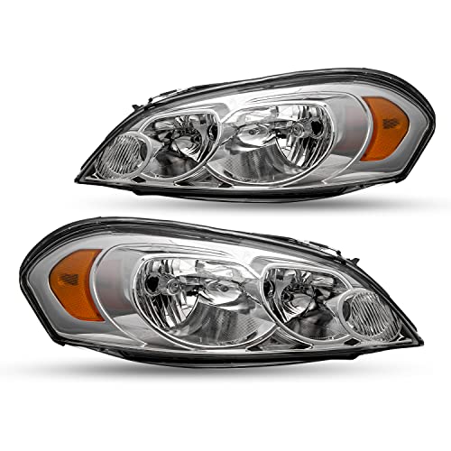 SOCKIR Headlight Assembly Set Compatible with 2006-2013 Chevy Impala / 2014-2016 Chevrolet Impala Limited / 2006-2007 Chevy Monte Carlo (Chrome Housing with Amber Reflector)