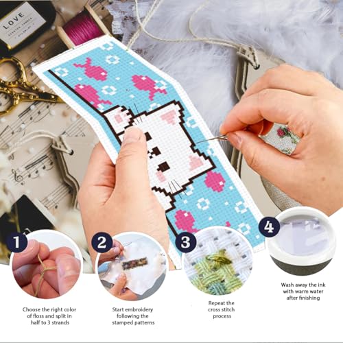 Image of INFUNLY 6pcs Cartoon Cat DIY Cross Stitch Bookmark Kits for Beginner 8.66 inchx3.15 inch Cute Kitten Stamped Embroidery Kit with Instruction Pussycat Printed Bookmark Kits for Cat Lovers Book Readers Writers