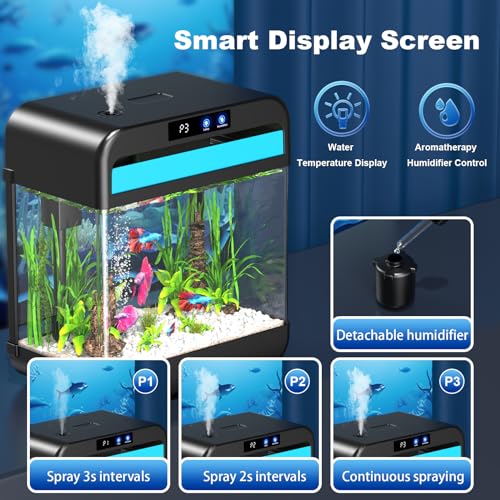 Fish Tank Aquarium 2.2 Gallon with Humidifier 7 Color Looping Light with Timer Self-Cleaning 3 in 1 Water Pump with Filteration & Oxygenation & Circulation, Temperature Display, HD Heat Bending Glass