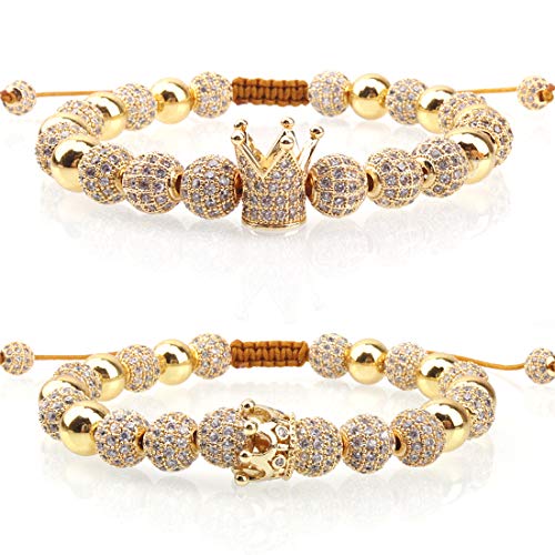 Massive Beads Luxury CZ Imperial Crown Braided Copper Bracelets with 8mm Micro Pave Cubic Zirconia Beads Pulseira Bangle Charm Jewelry