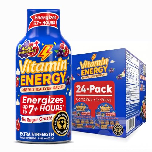 Image of Vitamin Energy Acai Pomegranate Extra Strength Energy Shot, 24 Pack - Up to 7 Hrs, 260mg Natural Caffeine, Zero Sugar - B12 11,000% DV + B6 2,118% DV + Taurine 1,500mg, 1.93 fl oz, Keto Vegan