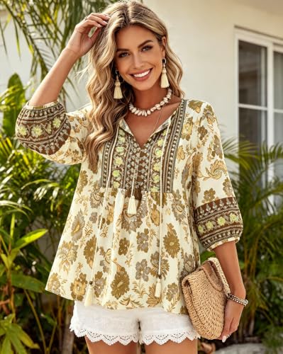 Image of Vivilli Womens Summer Boho Babydoll Tops 3 /4 Sleeve Pleated Peplum Blouses Casual V Neck Tie Front 2026 Tunic Tops